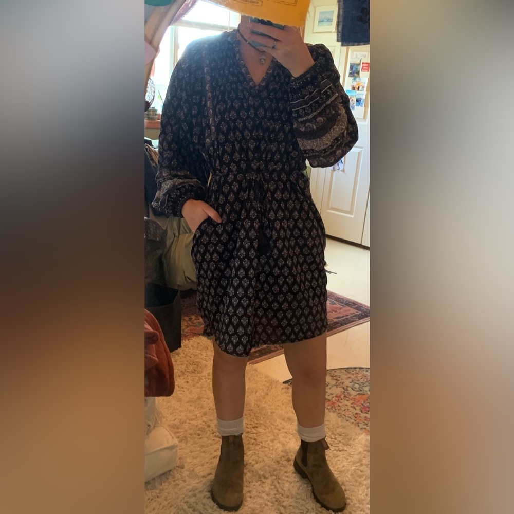 Idk navy long fleece dress with tie waist